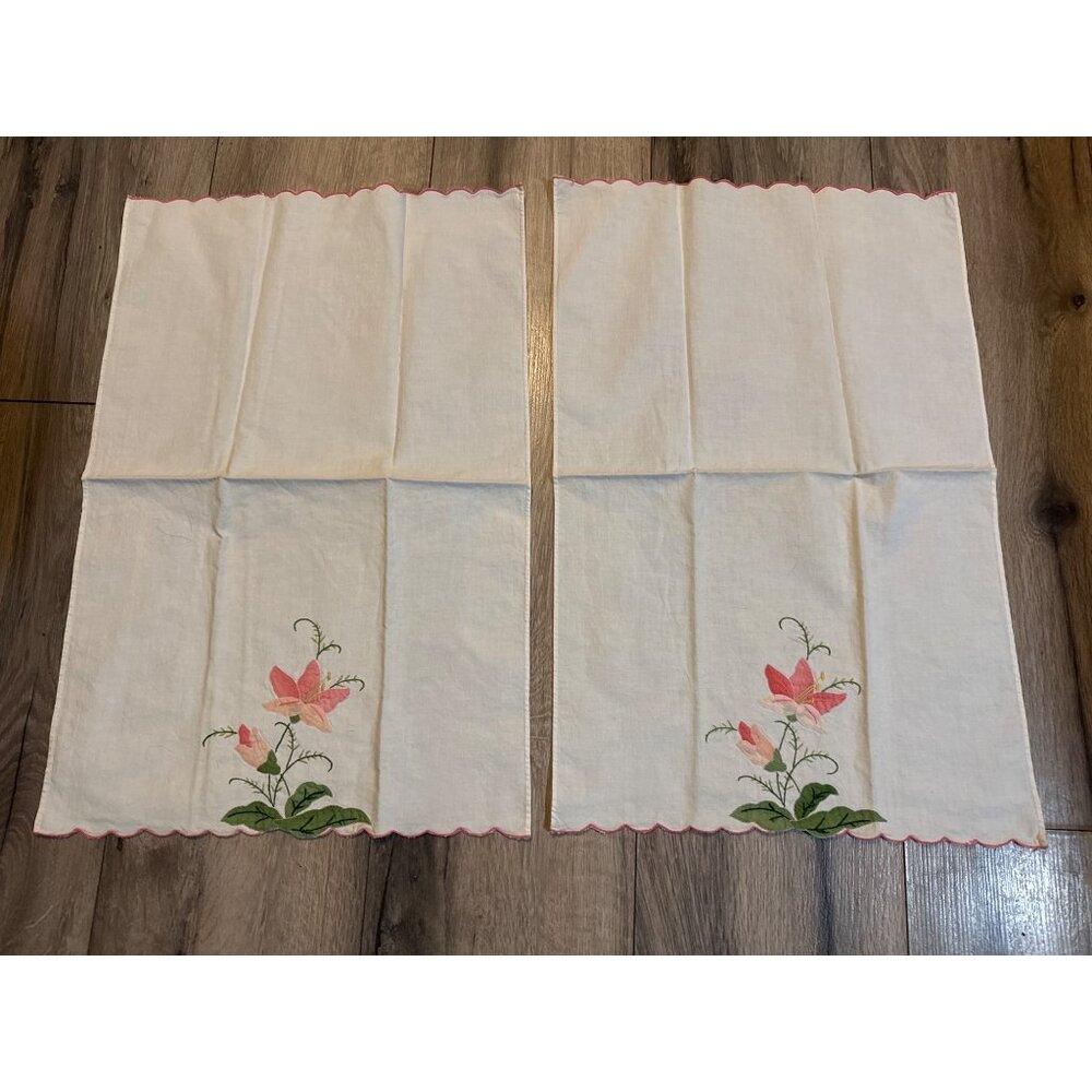 Vintage Hand-Embroidered Floral Table Runners Set Of 2 With Scalloped Edges 19"
